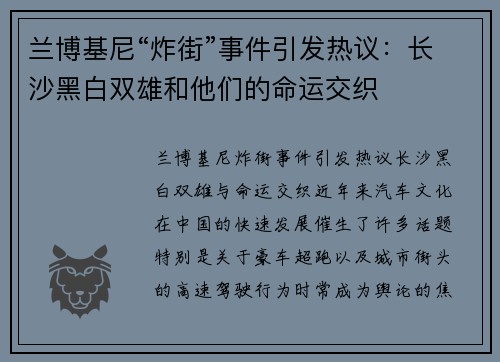 兰博基尼“炸街”事件引发热议：长沙黑白双雄和他们的命运交织