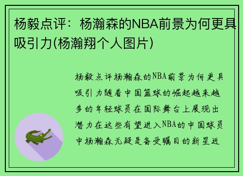 杨毅点评：杨瀚森的NBA前景为何更具吸引力(杨瀚翔个人图片)
