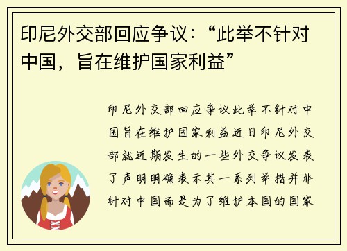 印尼外交部回应争议：“此举不针对中国，旨在维护国家利益”