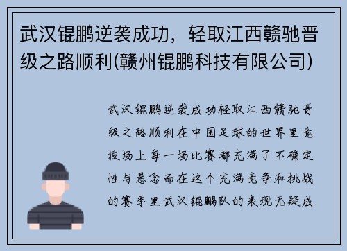 武汉锟鹏逆袭成功，轻取江西赣驰晋级之路顺利(赣州锟鹏科技有限公司)