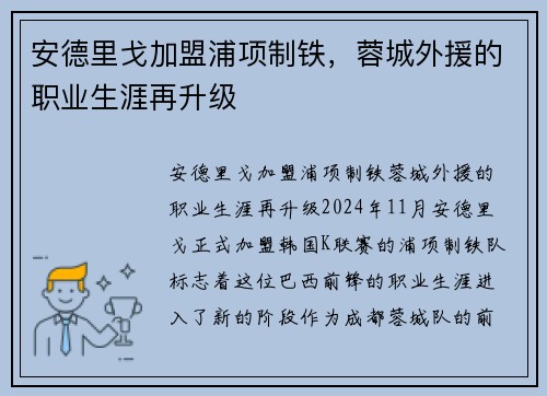 安德里戈加盟浦项制铁，蓉城外援的职业生涯再升级