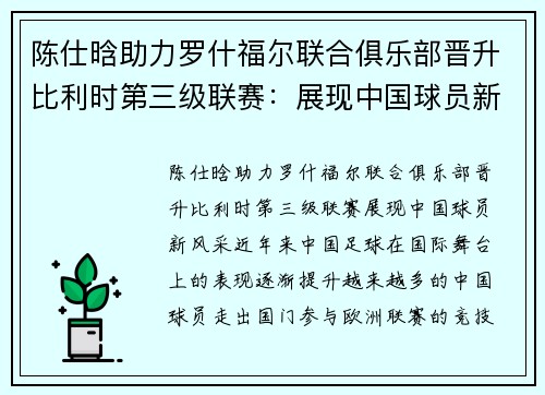 陈仕晗助力罗什福尔联合俱乐部晋升比利时第三级联赛：展现中国球员新风采