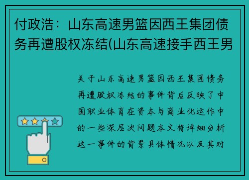 付政浩：山东高速男篮因西王集团债务再遭股权冻结(山东高速接手西王男篮)
